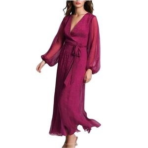 HUTCH Rocky Balloon Sleeve Wrap Maxi Dress in Raspberry Stretchy NEW